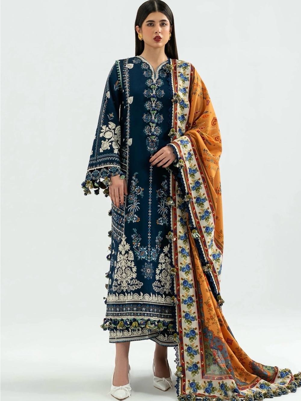 Embroidered Navy Blue & Mustard Women's Dress with Printed shawl hussain rehar